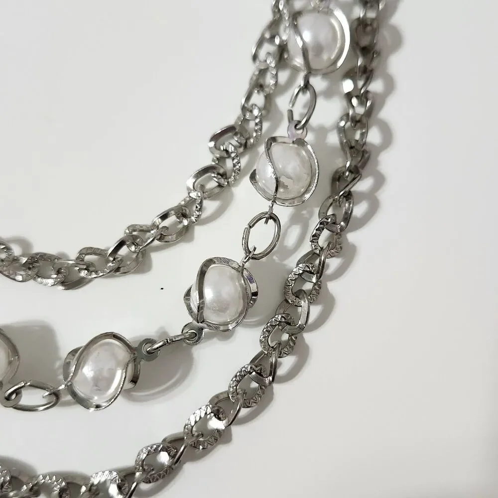 Multi Strand Layered Silver Tone Pearl Beaded Chain Ringlet Necklace Lobster